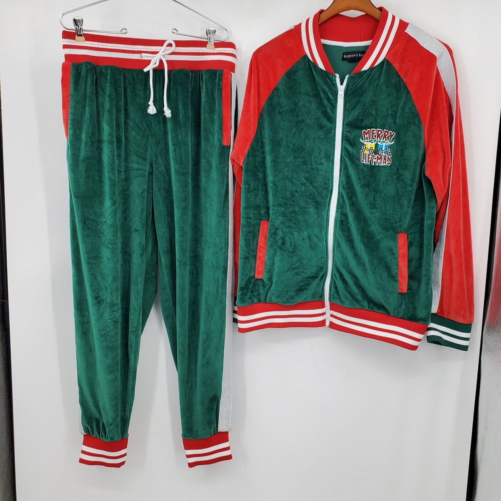 Blizzard Bay Merry Liftmas Velour Tracksuit Green Red Santa Med Ugly Christmas